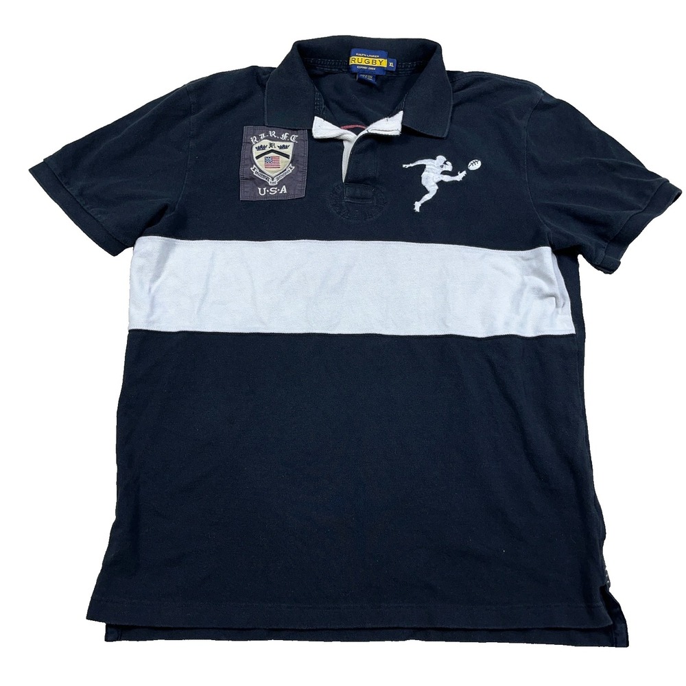 Vintage Ralph Lauren Rugby Polo‎ Shirt Men XL Black White Big Kicker Crest Patch